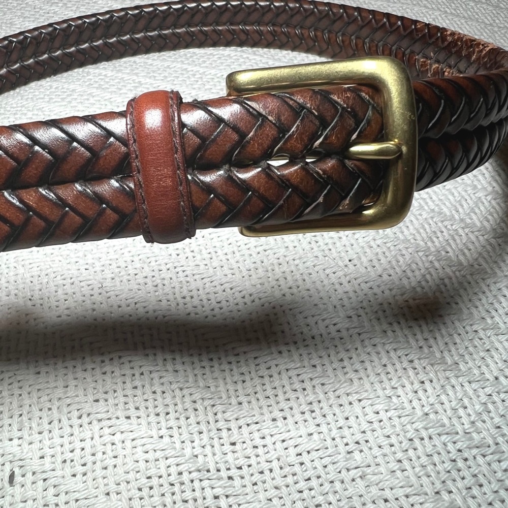 Fossil Mens Brown Braided Leather Belt Size 34 Brass Buckle